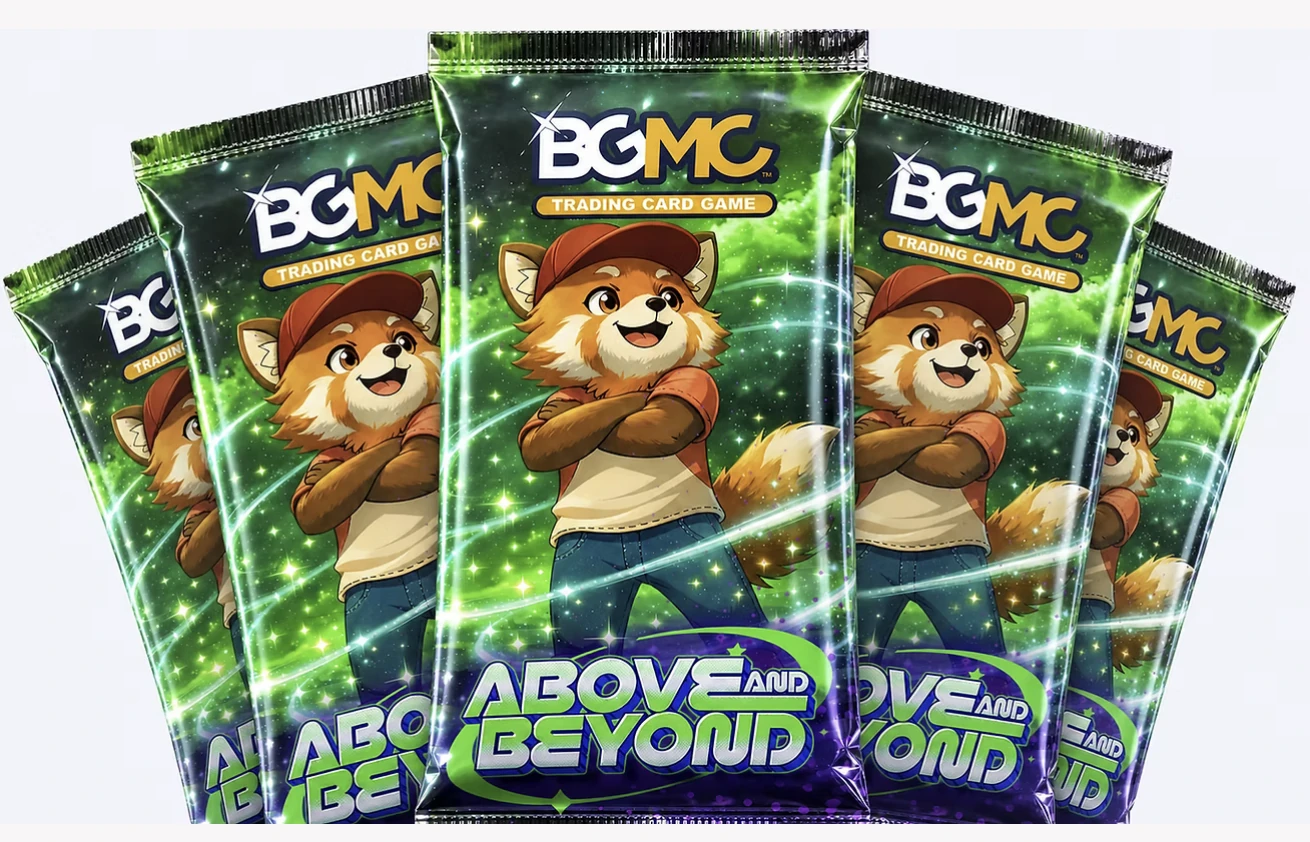 BGMC Above and Beyond trading card packs arranged in a fan.