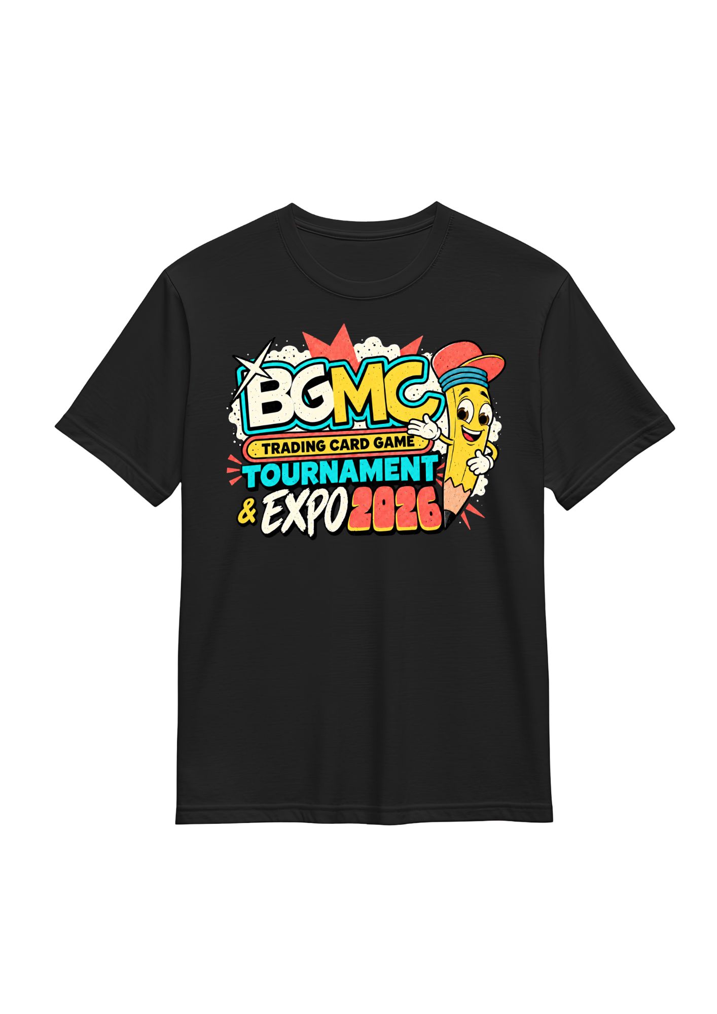 Black 2026 BGMC Trading Card Game Tournament and Expo T-shirt with colorful Pencil Pal artwork